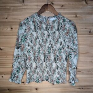 Veronica Beard Kali Smocked Cotton Puff Sleeve Top Paisley Green Orange Size 8